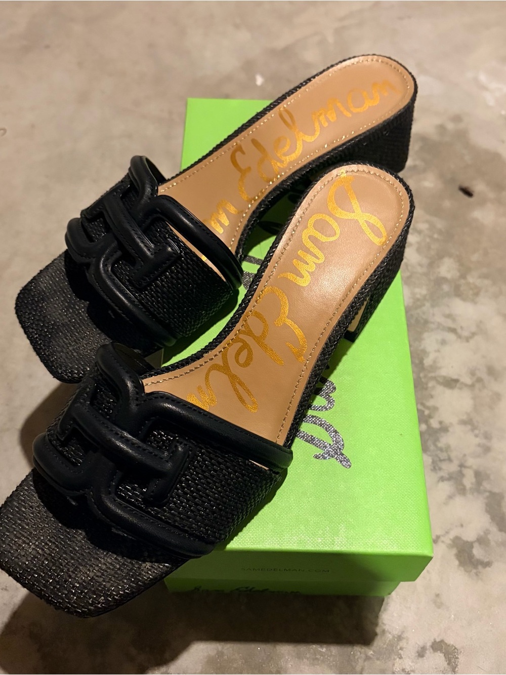 Sam Edelman Black Raffia Slide Heels with Link Accent
